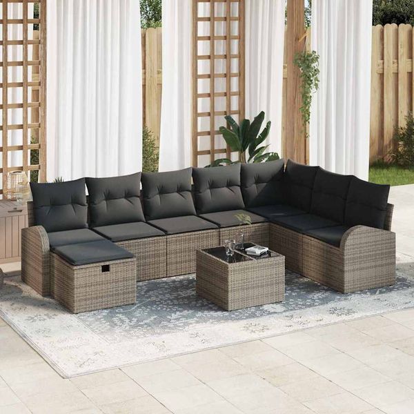vidaXL Súprava záhradných pohoviek s vankúšom 9 pcs Sivá Poly ratan