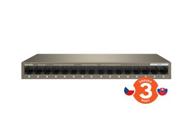 Tenda TEG1016M 16-port Gigabit Switch, 16x 10/100/1000 Mb/s, Fanless, MAC 8K, napájanie AC/DC, aj múr