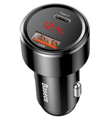 Baseus nabíjačka do auta Magic USB-C PD, USB-A 45W s displejom čierna
