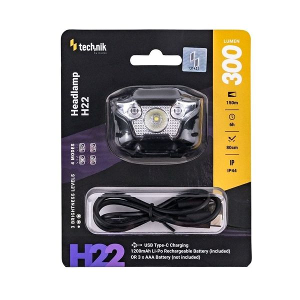 Technik Čelovka H22 (vstavaná batéria) XPG3 LED + USB-C (300 lúmenov)