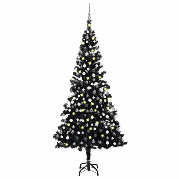 vidaXL Osvetlený umelý vianočný stromček s guľami, čierny 210 cm, PVC