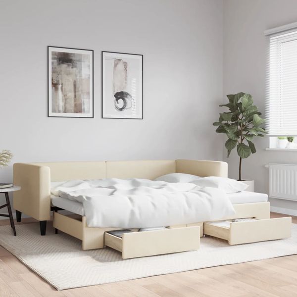 vidaXL Rozkladacia denná posteľ so zásuvkami krémová 90x200 cm látka