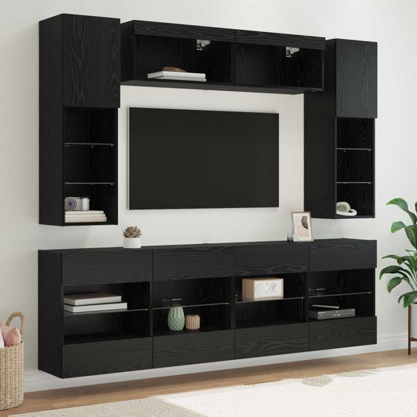 vidaXL Sada nástenného kabinetu na TV s LED Nástenný 6 pcs Čierny Dub