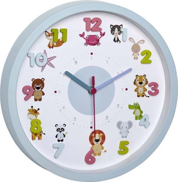 60.3051.14 TFA LITTLE ANIMALS Detské nástenné hodiny, 3D číslice, svetlomodré s motívom zvierat