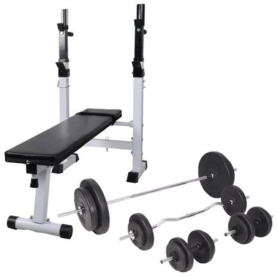 vidaXL Posilňovacia lavica so stojanom na závažie a sadou obojručných a jednoručných činiek 90 kg