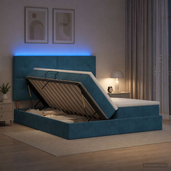 vidaXL LED úložná posteľ s matracom Tmavomodrá 200 x 200 cm Zamat