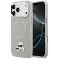 Obal Karl Lagerfeld Magsafe PU s kolíkmi hláv Karl&Choupette, logom a kovovými tlačidlami fotoaparátu pre iPhone 17 Pro sivý