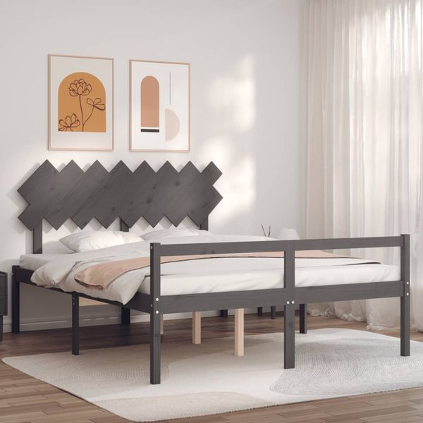 vidaXL Posteľ pre seniorov s čelom, sivá, 160x200 cm, drevený masív