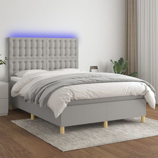 vidaXL Posteľ boxsping s matracom a LED bledosivá 140x200 cm látka