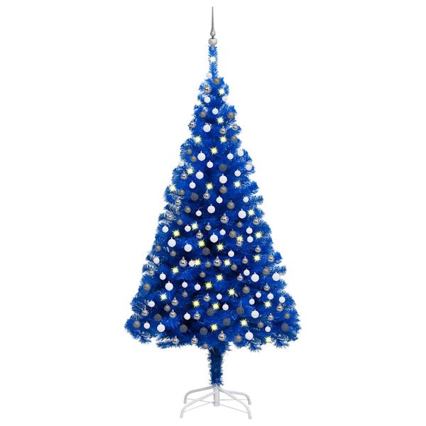 vidaXL Osvetlený umelý vianočný stromček s guľami, modrý 210 cm, PVC