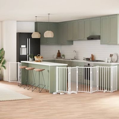 vidaXL Brána pre psa s dverami sklad. 9pan. biela 450cm topoľové drevo