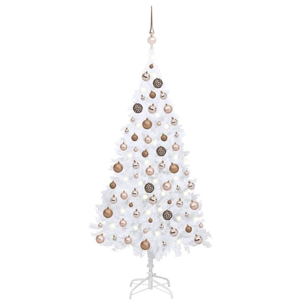 vidaXL Osvetlený umelý vianočný stromček s guľami, biely 120 cm, PVC