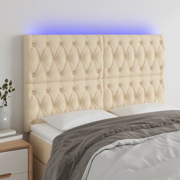 vidaXL Čelo postele s LED krémové 144x7x118/128 cm látka