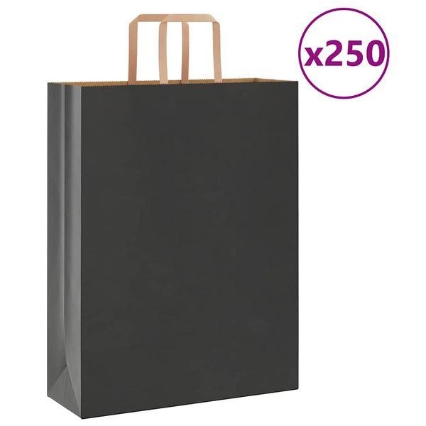 vidaXL Papierové tašky 250 ks s rúčkami, čierna, 32x12x42 cm