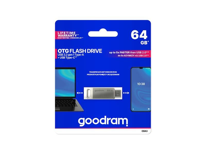 GOODRAM USB + USB C 64GB flash disk strieborný
