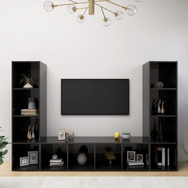 vidaXL TV skrinky 3 ks lesklé čierne 142,5x35x36,5 cm drevotrieska
