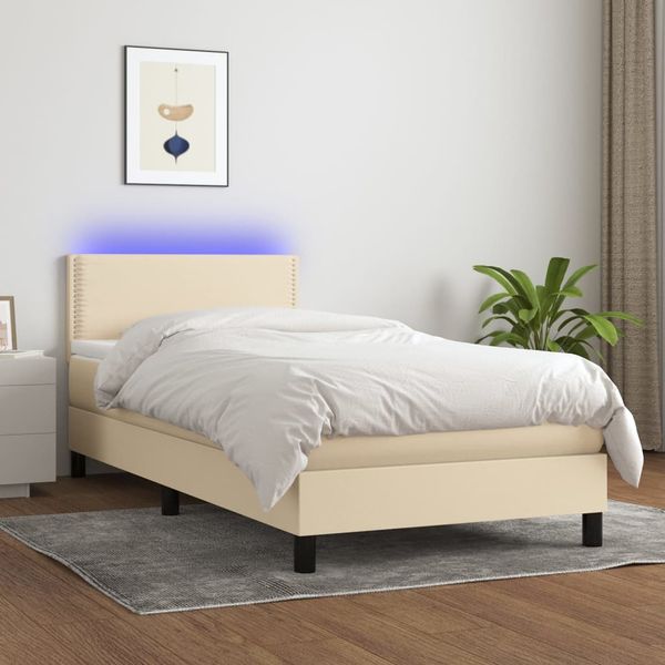 vidaXL Posteľ boxsping s matracom a LED krémová 100x200 cm látka