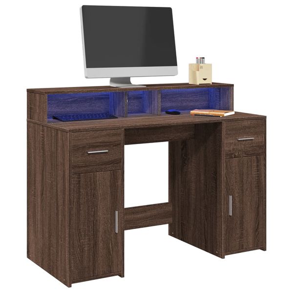 vidaXL Stôl s LED svetlami hnedý dub 120x55x91 cm kompozitné drevo
