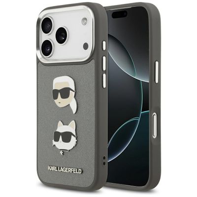 Karl Lagerfeld FW zrnitá Karl & Choupette hlavy špendlíky a logá puzdro pre iPhone 17 Pro sivá