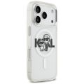 Puzdro Karl Lagerfeld Magsafe IML trblietavé puzdro s kovovým rámom fotoaparátu a tlačidlami a logom Karl a Choupette sketch pre iPhone 17 Pro číra