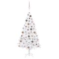 vidaXL Osvetlený umelý vianočný stromček s guľami, biely 150 cm, PVC