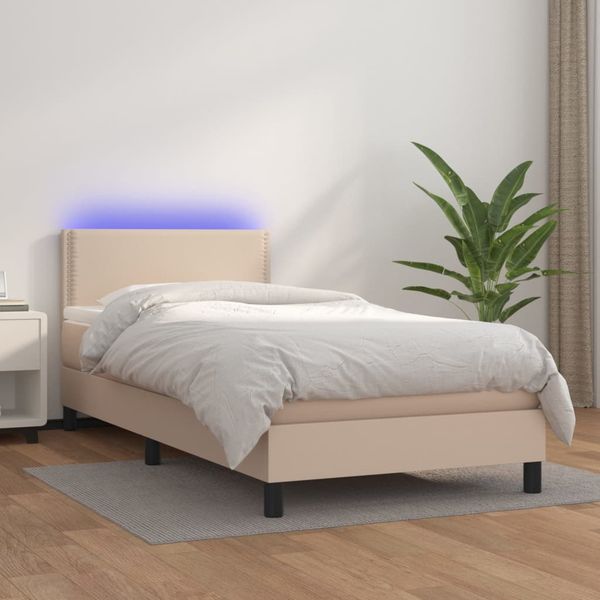 vidaXL Boxspring posteľ matrac a LED kapučínová 90x200 cm umelá koža