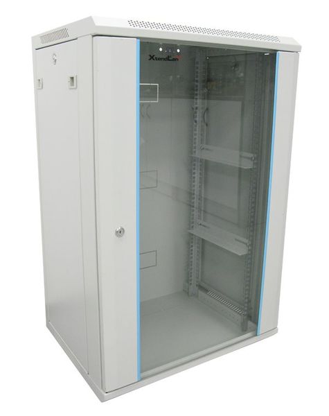 XtendLan 18U/600x450, na zeď, jednodílný, skleněné dveře, šedý Rozvadec, 19", na stenu, jednodílný, výška 18U, 600 x 450, sklenené dvere, kourové sklo, nosnost 60kg, šedý