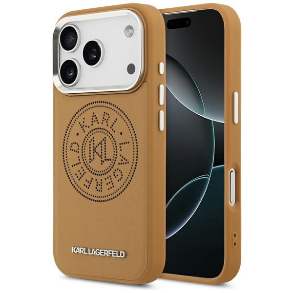 Puzdro Karl Lagerfeld Magsafe PU s okrúhlym logom Karl, kovovými tlačidlami fotoaparátu a logom pre iPhone 17 Pro Max hnedé