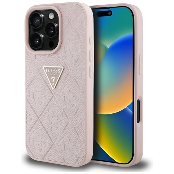 Puzdro Guess Hardcase PU zrnitý horúci razba 4G trojuholník kovové pre iPhone 16 Pro 6,3" ružové