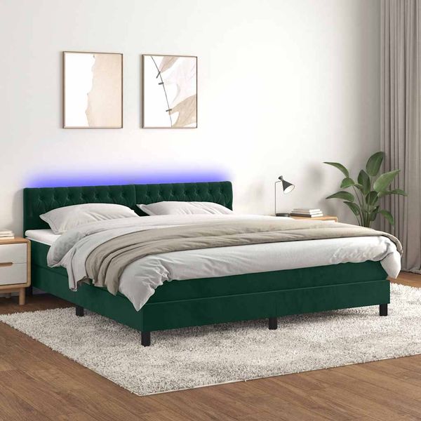 vidaXL Posteľný rám boxsping matrac a LED tmavozelený 180x200 cm zamat