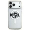 Puzdro Karl Lagerfeld Magsafe IML trblietavé s kovovým rámom fotoaparátu a tlačidlami a logom Karl a Choupette pre iPhone 17 Pro Max číre