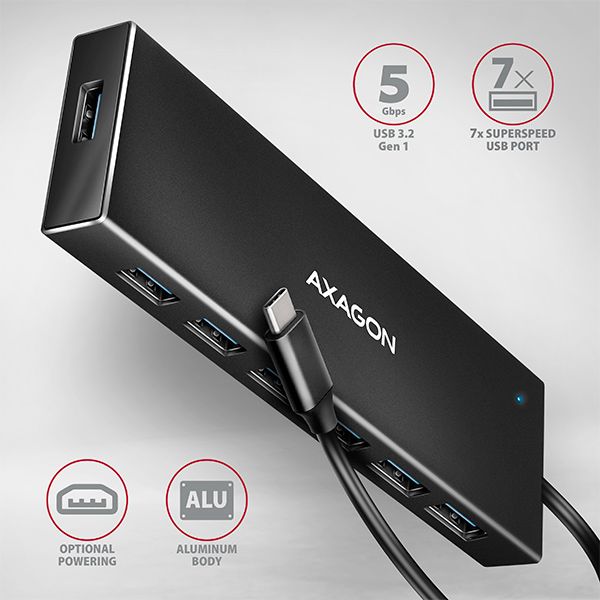 AXAGON HUE-F7C, 7x USB 3.2 Gen 1 ALU FLAT CHARGING hub, micro USB napäťový konektor, kábel USB-C 30cm USB Hub, externý, 7x USB 3.0, 0,3m, hliníkové telo, čierna
