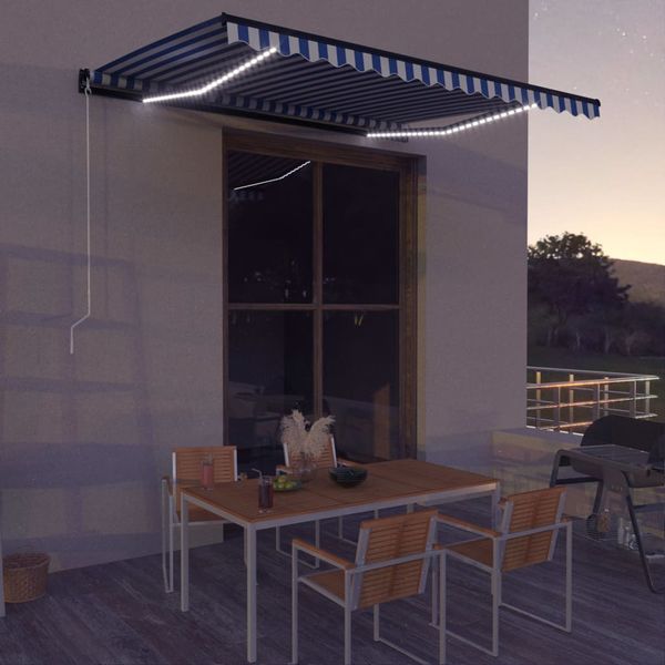 vidaXL Ručná zaťahovacia markíza s LED 400x300 cm modrá a biela