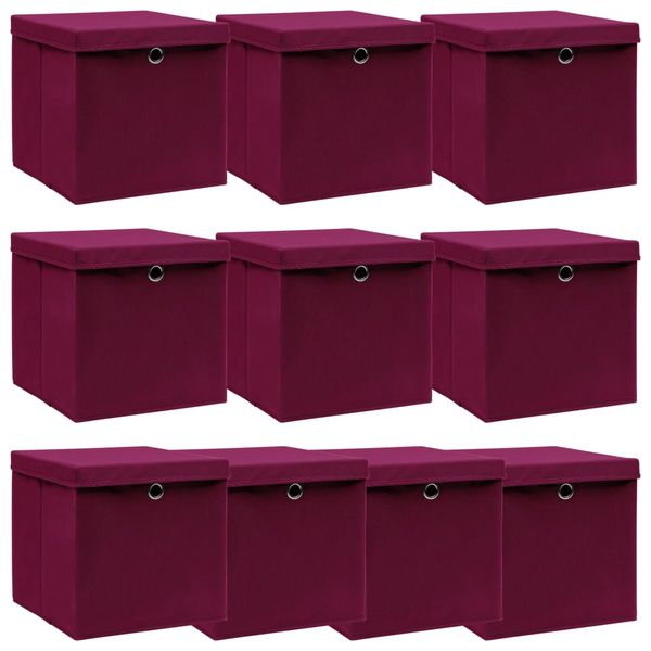 vidaXL Úložné boxy s vekom 10 ks, tmavočervené 32x32x32 cm, látka