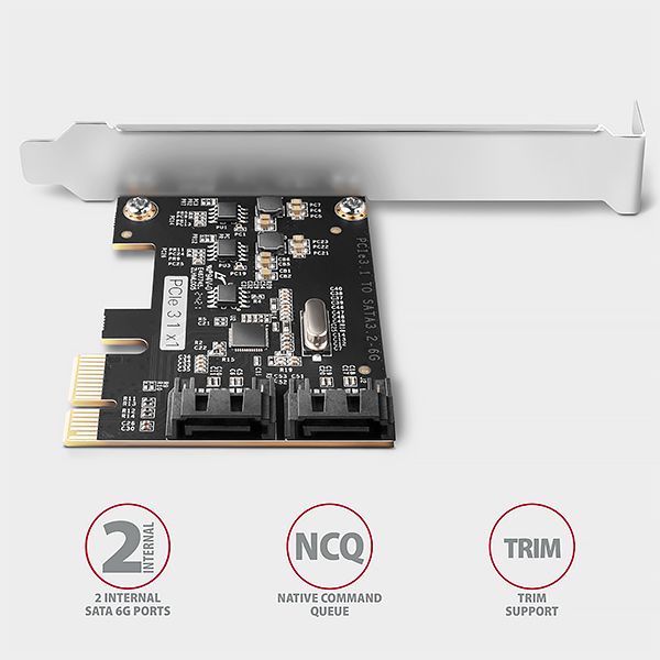 AXAGON PCES-SJ2, PCIe řadič - 2x interní SATA 6G port, JMB582, SP & LP Radic, PCIe 3.0 x2, 2× SATA III, cipset Jmicron JMB582, vcetne low profile záslepky