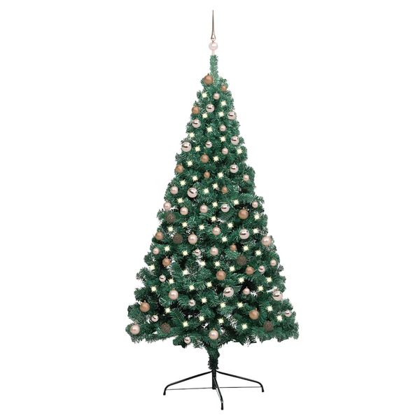 vidaXL Osvetlený umelý polovičný vianočný stromček+gule, zelený 210 cm