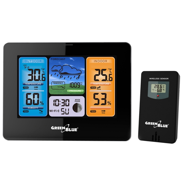 GreenBlue Meteorologická stanica Predpoveď počasia WiFi aplikácia TUYA Displej 7 jazykov Zobrazenie fázy mesiaca IPX4 Zelenomodrá