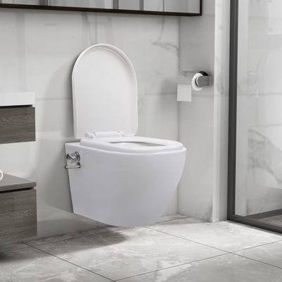 vidaXL Závesné bezokrajové WC s funkciou bidetu biele keramické