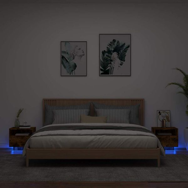 vidaXL Nočné stolíky s LED svetlami 2 ks dymový dub 40x39x37 cm
