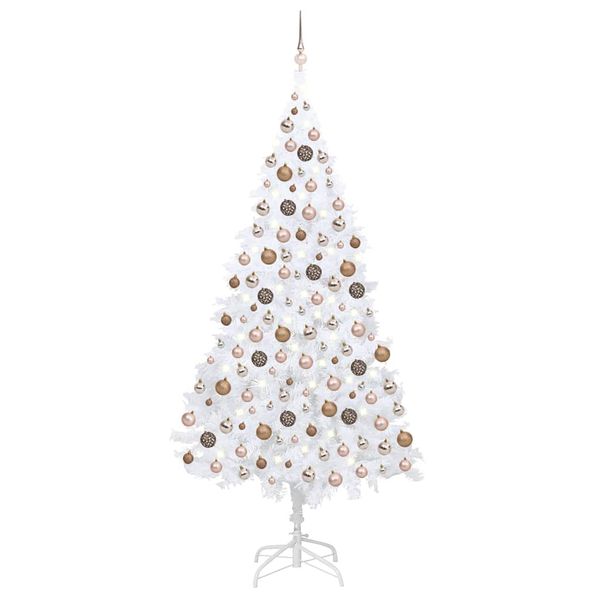 vidaXL Osvetlený umelý vianočný stromček s guľami, biely 210 cm, PVC