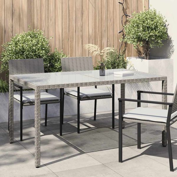 vidaXL Záhradný stôl 150x90x75 cm tvrdené sklo a polyratan sivý