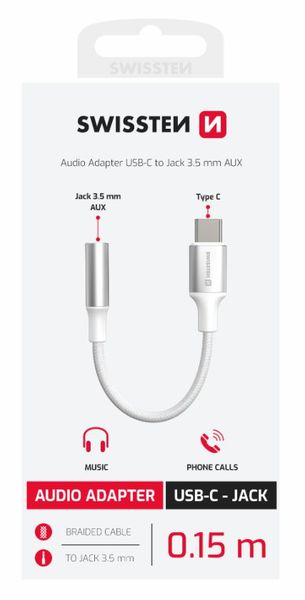 SWISSTEN AUDIO ADAPTÉR TEXTILE USB-C (samec) / 3,5mm AUX 0,15 M BIELY (nahrádza 73501302) Kábel, prepojovací, USB-C na 3,5mm jack (F), textilný oplet, 15cm, bielo-strieborný