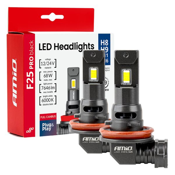 LED žiarovky hlavného svietenia Séria F25 PRO BLACK FULL CANBUS H8 H9 H11 H16 68W 12V 24V AMiO-04721
