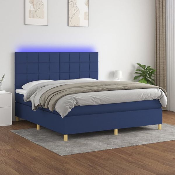 vidaXL Posteľ boxsping s matracom a LED modrá 180x200 cm látka