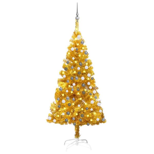 vidaXL Osvetlený umelý vianočný stromček s guľami, zlatý 150 cm, PET