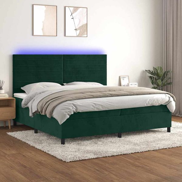 vidaXL Posteľný rám boxsping matrac a LED tmavozelený 200x200 cm zamat
