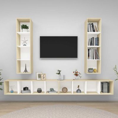 vidaXL Nástenné TV skrinky 4 ks, biela a dub sonoma, kompozitné drevo