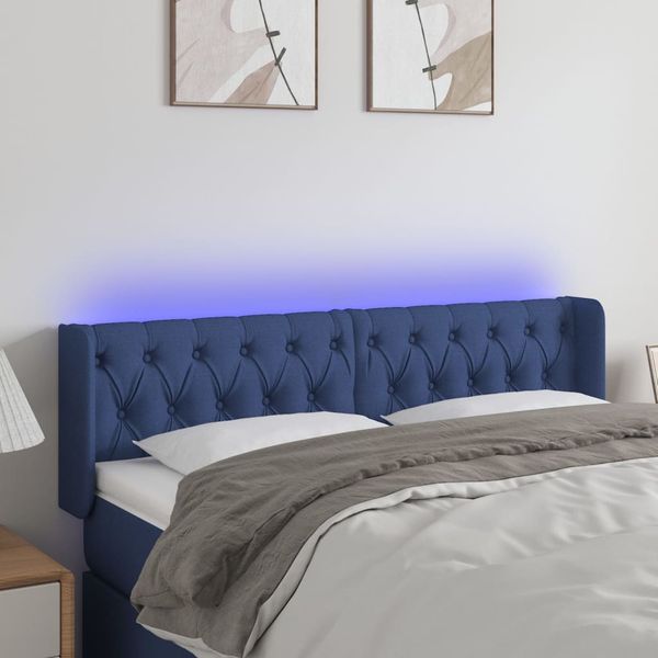 vidaXL Čelo postele s LED modré 163x16x78/88 cm látka