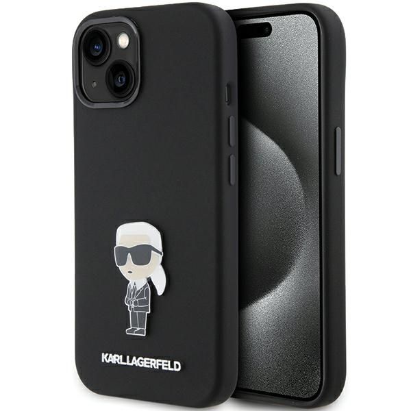 Puzdro Karl Lagerfeld pre iPhone 15 6,1" KLHCP15SSMHKNPK čierne HC SILIKÓN IKONIK METAL PIN