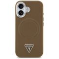 Puzdro Guess Case Magsafe PU Leather s trojuholníkovým logom a strieborným kovovým rámom fotoaparátu pre iPhone 17 hnedá